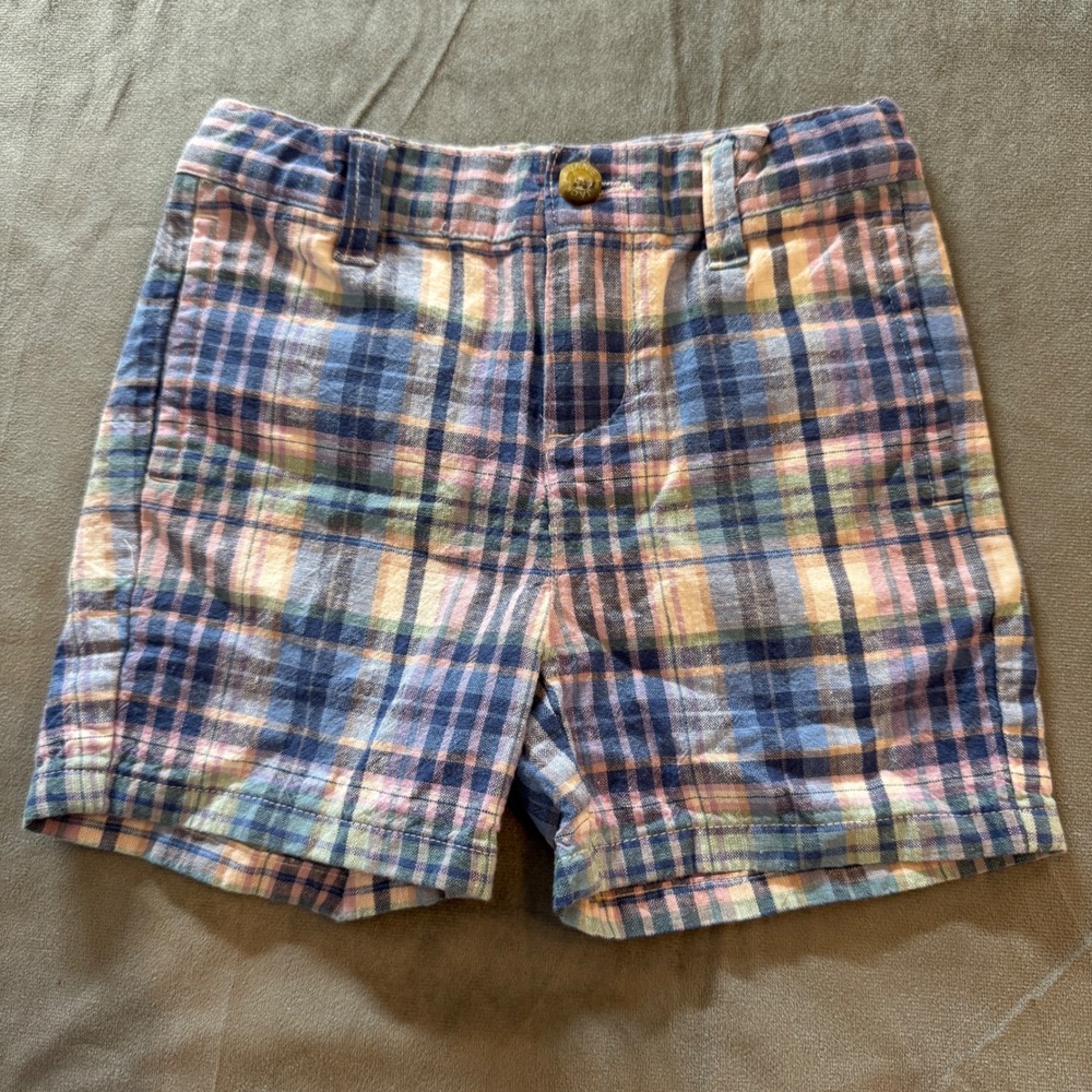 Janie and Jack Kids Shorts 18-24M Blue Pink Plaid Linen Blend Preppy Coastal